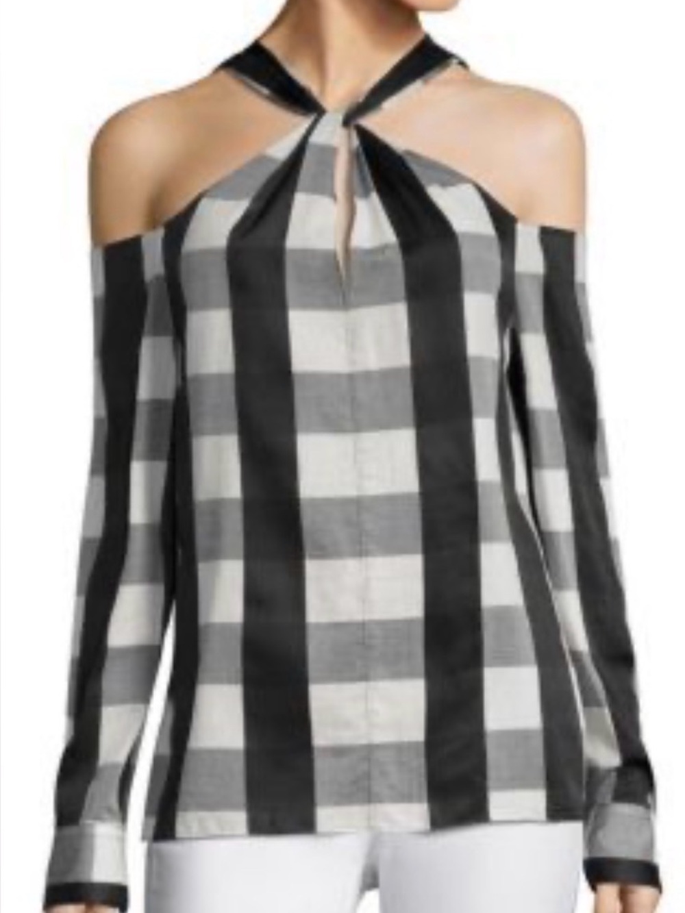 rag & bone Black and White Cold-Shoulder Plaid Halter Top